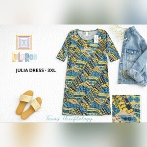 LuLaRoe Julia Dress 3XL Geometric Print Blue Yellow Soft Knit Dress